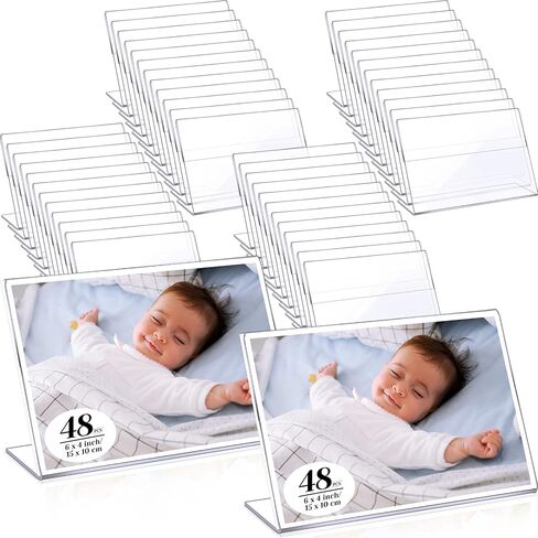48 Pack Clear Photo Booth Frames 5.9 x 4 Inch Acrylic Sign Holders Slanted Back Clear Picture Frames L-shape Horizontal Self Standing Photo Sign Display Sign Holder with Insert for Home Office Store in Saudi Arabia