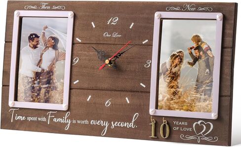Anniversary Wooden Clock with Dual Photo Frame, Personalized 1-99 Years Wedding Gift for Couples, Silent Battery Operated Desk Clock, Wall Decor, Then & Now Family Picture Frame in Saudi Arabia