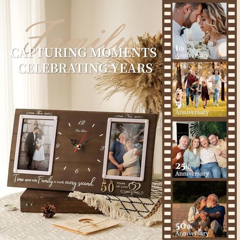 Anniversary Wooden Clock with Dual Photo Frame, Personalized 1-99 Years Wedding Gift for Couples, Silent Battery Operated Desk Clock, Wall Decor, Then & Now Family Picture Frame in Saudi Arabia
