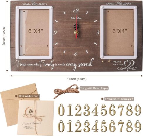 Anniversary Wooden Clock with Dual Photo Frame, Personalized 1-99 Years Wedding Gift for Couples, Silent Battery Operated Desk Clock, Wall Decor, Then & Now Family Picture Frame in Saudi Arabia