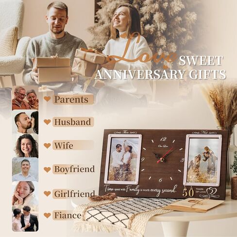 Anniversary Wooden Clock with Dual Photo Frame, Personalized 1-99 Years Wedding Gift for Couples, Silent Battery Operated Desk Clock, Wall Decor, Then & Now Family Picture Frame in Saudi Arabia