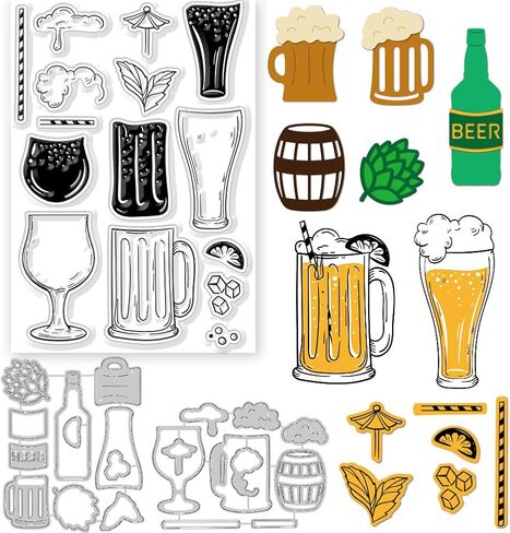 GLOBLELAND Beer Clear Stamps and Cutting Dies Beer Stamps and Embossing Die Cuts Silicone Stamp Cards and Metal Cutting Die for Card Making and DIY Embossing Scrapbooking in Saudi Arabia