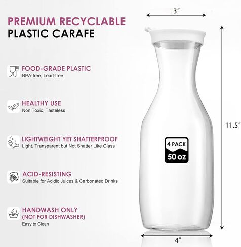 NETANY 50oz Water Carafe with Flip Top Lid, Clear Plastic Pitcher for Iced Tea, Juice, Lemonade, Milk, Cold Brew, Mimosa Bar - Juice Containers with Lids for Fridge - Set of 2, HAND WASH ONLY in Saudi Arabia
