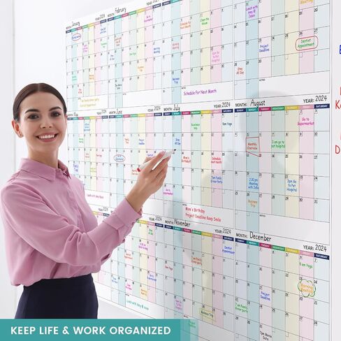 تقويم مسح جاف كبير للجدار - مسح جاف لتقويم الحائط السنوي، 57.9 بوصة × 37 بوصة، تقويم غير مؤرخ لمدة 12 شهرًا، منظم مهام مصفح قابل لإعادة الاستخدام in Kuwait