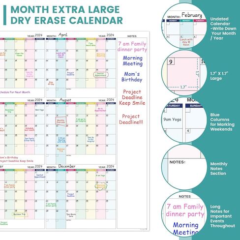 تقويم مسح جاف كبير للجدار - مسح جاف لتقويم الحائط السنوي، 57.9 بوصة × 37 بوصة، تقويم غير مؤرخ لمدة 12 شهرًا، منظم مهام مصفح قابل لإعادة الاستخدام in Kuwait