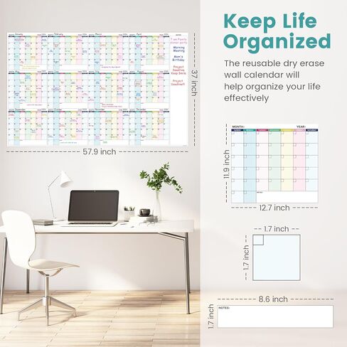 تقويم مسح جاف كبير للجدار - مسح جاف لتقويم الحائط السنوي، 57.9 بوصة × 37 بوصة، تقويم غير مؤرخ لمدة 12 شهرًا، منظم مهام مصفح قابل لإعادة الاستخدام in Kuwait