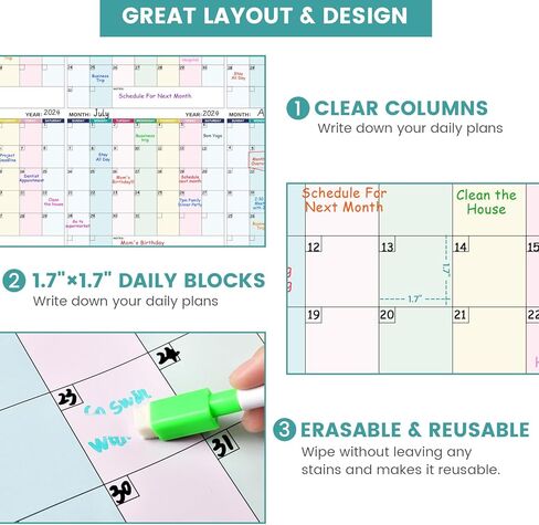 تقويم مسح جاف كبير للجدار - مسح جاف لتقويم الحائط السنوي، 57.9 بوصة × 37 بوصة، تقويم غير مؤرخ لمدة 12 شهرًا، منظم مهام مصفح قابل لإعادة الاستخدام in Kuwait