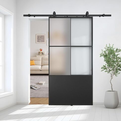 JUBEST 42" x 84" Glass Sliding Barn Door with Top Mounted Hardware Kit Included, 3-Panel Aluminum Frame and Frosted Tempered Glass French Door, Black Sliding Door, Easy to Install in Saudi Arabia