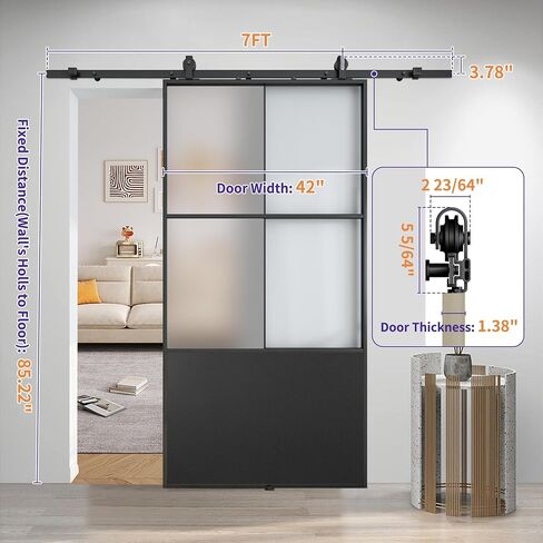 JUBEST 42" x 84" Glass Sliding Barn Door with Top Mounted Hardware Kit Included, 3-Panel Aluminum Frame and Frosted Tempered Glass French Door, Black Sliding Door, Easy to Install in Saudi Arabia