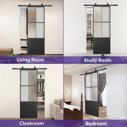 JUBEST 42" x 84" Glass Sliding Barn Door with Top Mounted Hardware Kit Included, 3-Panel Aluminum Frame and Frosted Tempered Glass French Door, Black Sliding Door, Easy to Install in Saudi Arabia