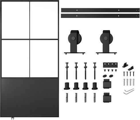 JUBEST 42" x 84" Glass Sliding Barn Door with Top Mounted Hardware Kit Included, 3-Panel Aluminum Frame and Frosted Tempered Glass French Door, Black Sliding Door, Easy to Install in Saudi Arabia