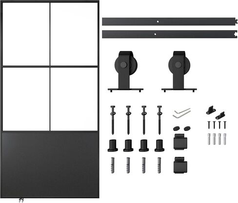 JUBEST 42" x 84" Glass Sliding Barn Door with Top Mounted Hardware Kit Included, 3-Panel Aluminum Frame and Frosted Tempered Glass French Door, Black Sliding Door, Easy to Install in Saudi Arabia