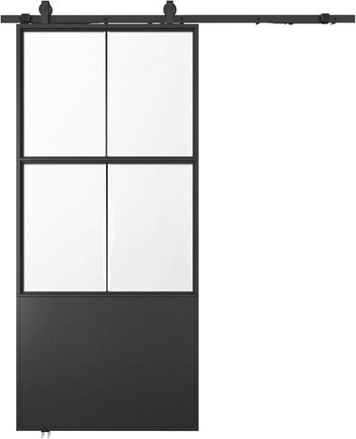 JUBEST 42" x 84" Glass Sliding Barn Door with Top Mounted Hardware Kit Included, 3-Panel Aluminum Frame and Frosted Tempered Glass French Door, Black Sliding Door, Easy to Install in Saudi Arabia