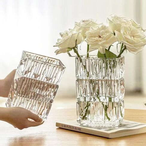 Ribbed Glass Vase Clear Crystal Large Modern Vases Flower Decorative 7.5-Inch Heavy-Duty Rectangle Suitable for Living Room Restaurant Bedroom Home Office School Wedding Birthday Gift in Saudi Arabia