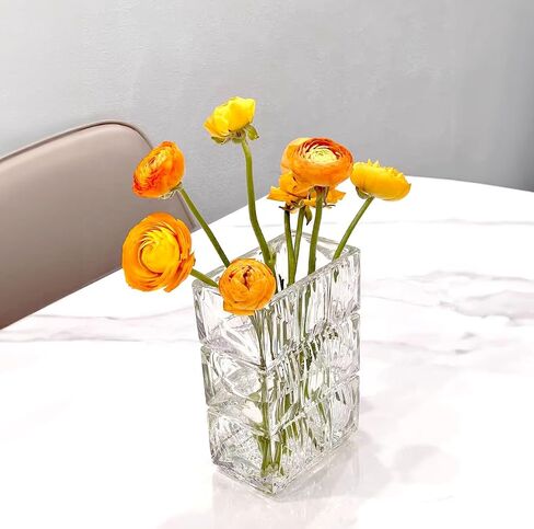 Ribbed Glass Vase Clear Crystal Large Modern Vases Flower Decorative 7.5-Inch Heavy-Duty Rectangle Suitable for Living Room Restaurant Bedroom Home Office School Wedding Birthday Gift in Saudi Arabia