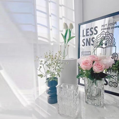 Ribbed Glass Vase Clear Crystal Large Modern Vases Flower Decorative 7.5-Inch Heavy-Duty Rectangle Suitable for Living Room Restaurant Bedroom Home Office School Wedding Birthday Gift in Saudi Arabia