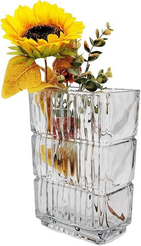 Ribbed Glass Vase Clear Crystal Large Modern Vases Flower Decorative 7.5-Inch Heavy-Duty Rectangle Suitable for Living Room Restaurant Bedroom Home Office School Wedding Birthday Gift in Saudi Arabia