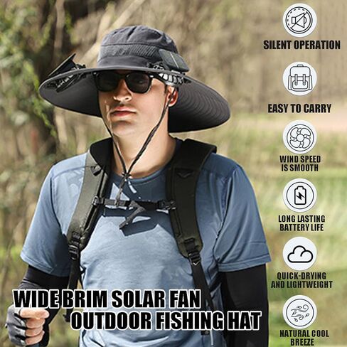 Wide Brim Solar Fan Outdoor Fishing Hat,Men Sun Hat with 2 Solar Fan Fishing Hats,Solar Fan Hat Upf50+,3 Speed Adjustable Fan Hat（Dark Gray） in Saudi Arabia