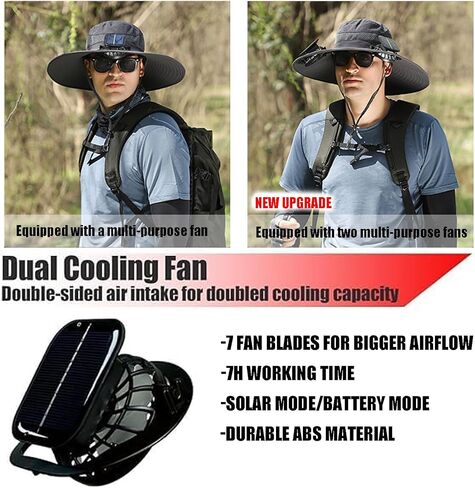 Wide Brim Solar Fan Outdoor Fishing Hat,Men Sun Hat with 2 Solar Fan Fishing Hats,Solar Fan Hat Upf50+,3 Speed Adjustable Fan Hat（Dark Gray） in Saudi Arabia