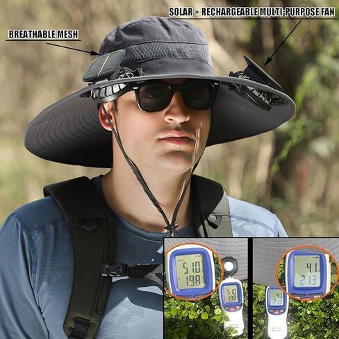 Wide Brim Solar Fan Outdoor Fishing Hat,Men Sun Hat with 2 Solar Fan Fishing Hats,Solar Fan Hat Upf50+,3 Speed Adjustable Fan Hat（Dark Gray） in Saudi Arabia
