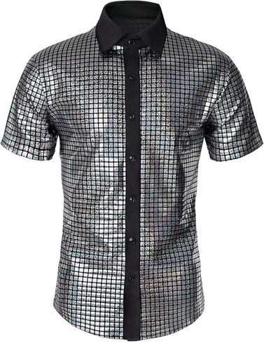 Mens 70s Disco Shirt Metallic Sequins Short Sleeve Button Down Shirts Nightclub Party Shiny Shirt in Saudi Arabia