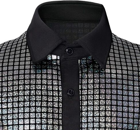 Mens 70s Disco Shirt Metallic Sequins Short Sleeve Button Down Shirts Nightclub Party Shiny Shirt in Saudi Arabia