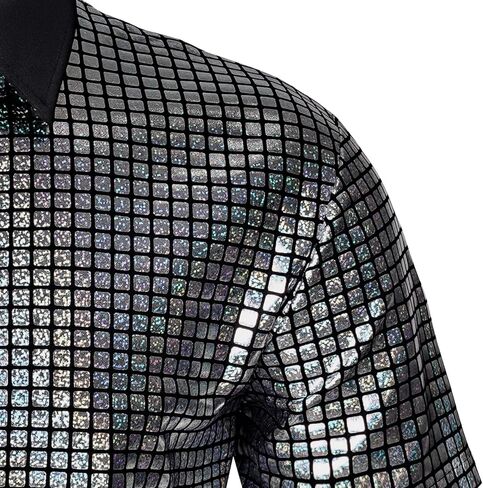 Mens 70s Disco Shirt Metallic Sequins Short Sleeve Button Down Shirts Nightclub Party Shiny Shirt in Saudi Arabia
