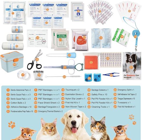 مجموعة الإسعافات الأولية للكلاب والقطط - مجموعة طوارئ صغيرة للحيوانات الأليفة، أساسيات تخييم الكلاب للمنزل والتخييم والمشي لمسافات طويلة والسفر والصيد والرياضة، كتاب أدوات الإسعافات الأولية للحيوانات الأليفة، بطانية حرارية للطوارئ in Kuwait