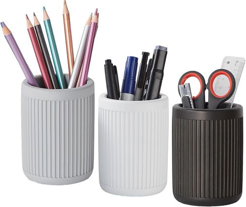Aesthetic Charcoal Black Pen Holder for Desk - Concrete Modern Sturdy Black Pencil Holder for Desk- Cement Fluted Pen Cup Organizer - Minimalist & Modern Industrial Aesthetics to Office Decor in Saudi Arabia