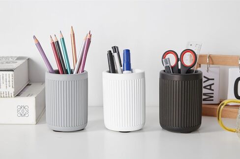 Aesthetic Charcoal Black Pen Holder for Desk - Concrete Modern Sturdy Black Pencil Holder for Desk- Cement Fluted Pen Cup Organizer - Minimalist & Modern Industrial Aesthetics to Office Decor in Saudi Arabia