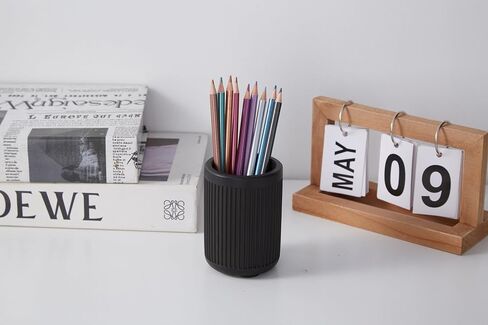 Aesthetic Charcoal Black Pen Holder for Desk - Concrete Modern Sturdy Black Pencil Holder for Desk- Cement Fluted Pen Cup Organizer - Minimalist & Modern Industrial Aesthetics to Office Decor in Saudi Arabia