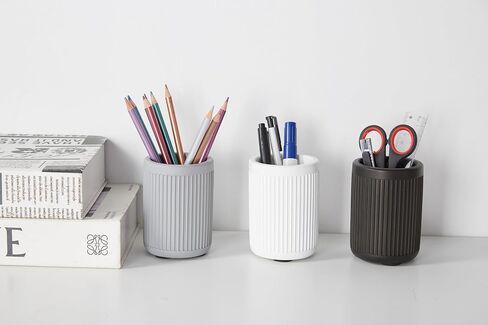 Aesthetic Charcoal Black Pen Holder for Desk - Concrete Modern Sturdy Black Pencil Holder for Desk- Cement Fluted Pen Cup Organizer - Minimalist & Modern Industrial Aesthetics to Office Decor in Saudi Arabia
