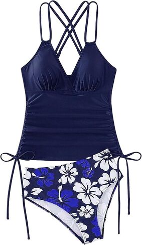SOLY HUX Women's Floral Print Tankini Set Two Piece Swimsuit Drawstring High Waist Bathing Suits Summer Beachwear in Saudi Arabia