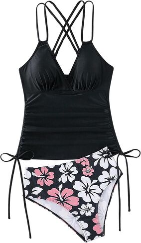 SOLY HUX Women's Floral Print Tankini Set Two Piece Swimsuit Drawstring High Waist Bathing Suits Summer Beachwear in Saudi Arabia