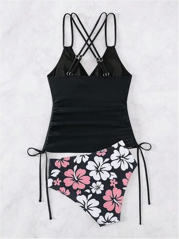 SOLY HUX Women's Floral Print Tankini Set Two Piece Swimsuit Drawstring High Waist Bathing Suits Summer Beachwear in Saudi Arabia