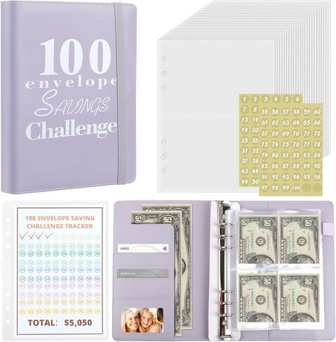 100 Envelopes Money Saving Challenge Binder - A5 Budget Binder with Cash Envelopes - $5,050 Saving Challenge Planner Book (Purple) in Saudi Arabia
