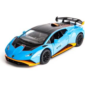 Model Car 1/24 Scale Compatible for Lambo Huracan STO Die-cast Toy Vehicle Pull Back with Light and Sound Toy Car Door Can be Open (Blue)