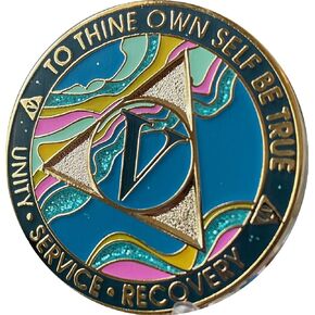 5 Year AA Medallion Elegant Marble Tahiti Teal Blue and Pink Gold Plated Chip