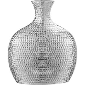 Helio Chrome Ceramic Bottle Vase by Torre & Tagus - Ceramic Silver Vases for Decor | Tall Vase for Centerpiece Display | Handcrafted with a Dimpled Pattern & Non-Tarnishing Finish | 10" Tall, Silver