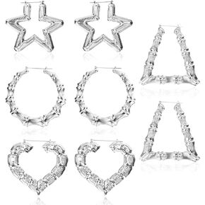 JeryWe 4 Pairs Custom Bamboo Hoop Earrings for Women 14K Gold Plated, Heart -Shaped Oversized Door Knocker Design, Personalized Hip Hop Style Jewelry, Vintage 90s Y2K Aesthetic