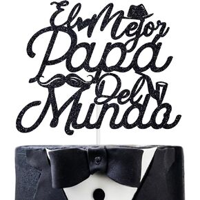 El Mejor Pare Del Mundo Cake Topper, World Best Dad/Super Dad/Love You Dad, Happy Father's Day Celebration Party Decorations Supplies, Black Glitter