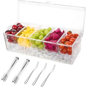 Chilled Condiment Server Clear, Serving Bar Tray with Hinged Lid, Bar Garnish Holder on Ice Server Caddy for Party 5 Removable Compartments Container Stainless Steel Spoons and Tongs Included