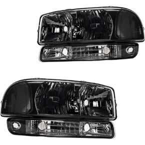PHILTOP Headlight Assembly, Chrome Headlights Replacement Compatible with Sierra 1500, Yukon XL 2500, Yukon XL 1500, Yukon, Sierra 3500 Classic Clear Reflector smoke Lens Color