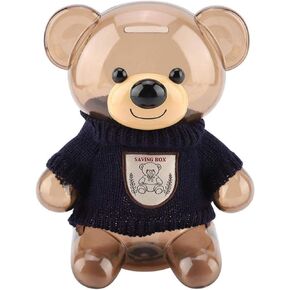 Piggy Bank, Children Piggy Bank Money Box Cartoon Clothes Bear Plastic Transparent(Blue)