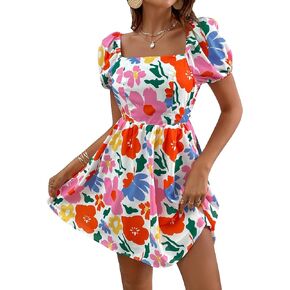 Verdusa Women's Boho Short Sleeve Dress Floral Print Square Neck Puff Sleeve Mini Dress