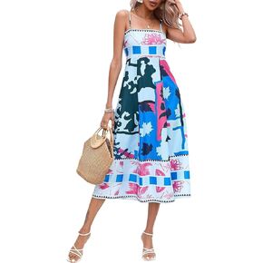 Women Graffiti Printed Maxi Cami Dress Square Neck Sleeveless Spaghetti Strap Boho Dress Flowy Swing Aline Sundress