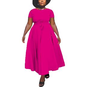 Women Plus Size Formal A Line Maxi Dress Self Tie Waist with Pockets Elegant Round Neck Swing Long Dresses