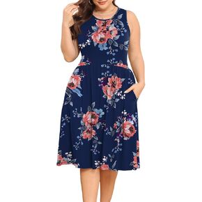 POSESHE Womens Plus Size Dress 2024 Summer Round Neck Sleeveless Casual Empire Waist Loose Fit Swing Tank Dress with Pockets in Kuwait