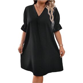Women's Plus Size Flounce Sleeve V Neck Dress Straight Hem Tunic Dress Loose Summer Dresses