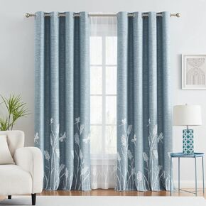 Melodieux Wheat Embroidery Linen Textured Curtain for Living Room Bedroom, Rustic Farmhouse Style Flax Drape Grommet, Navy/Blue, 52 by 84 Inch (1 Panel)